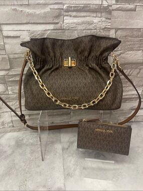 Michael Kors Large Ruched Clutch Chain Crossbody & Matching Wallet Brown Logo
